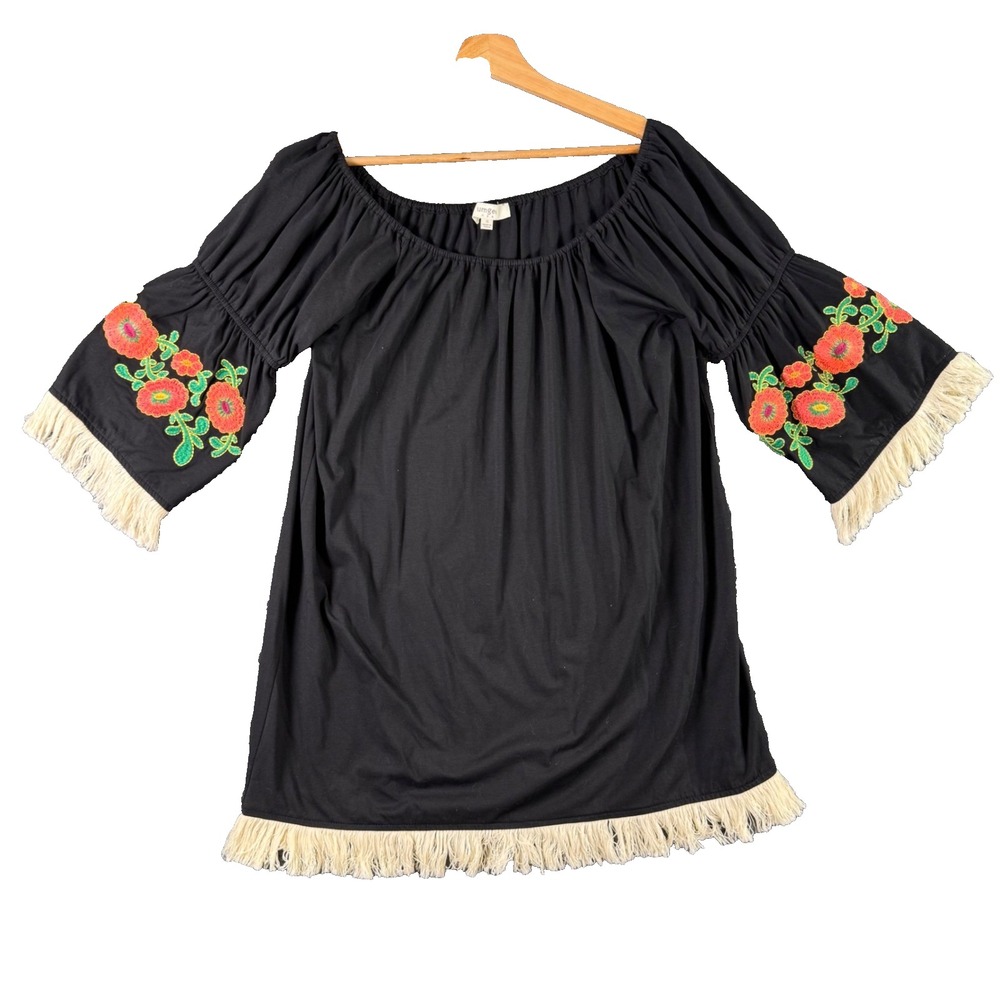 Umgee Womens S Black Embroidered Off‎ Shoulder Fringe Boho Mini Dress Tunic Top